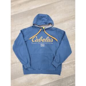 VTG Cabela's 1961 Spell Out Hoodie Blue Yellow Y2K Era Women's L / Men's M EUC